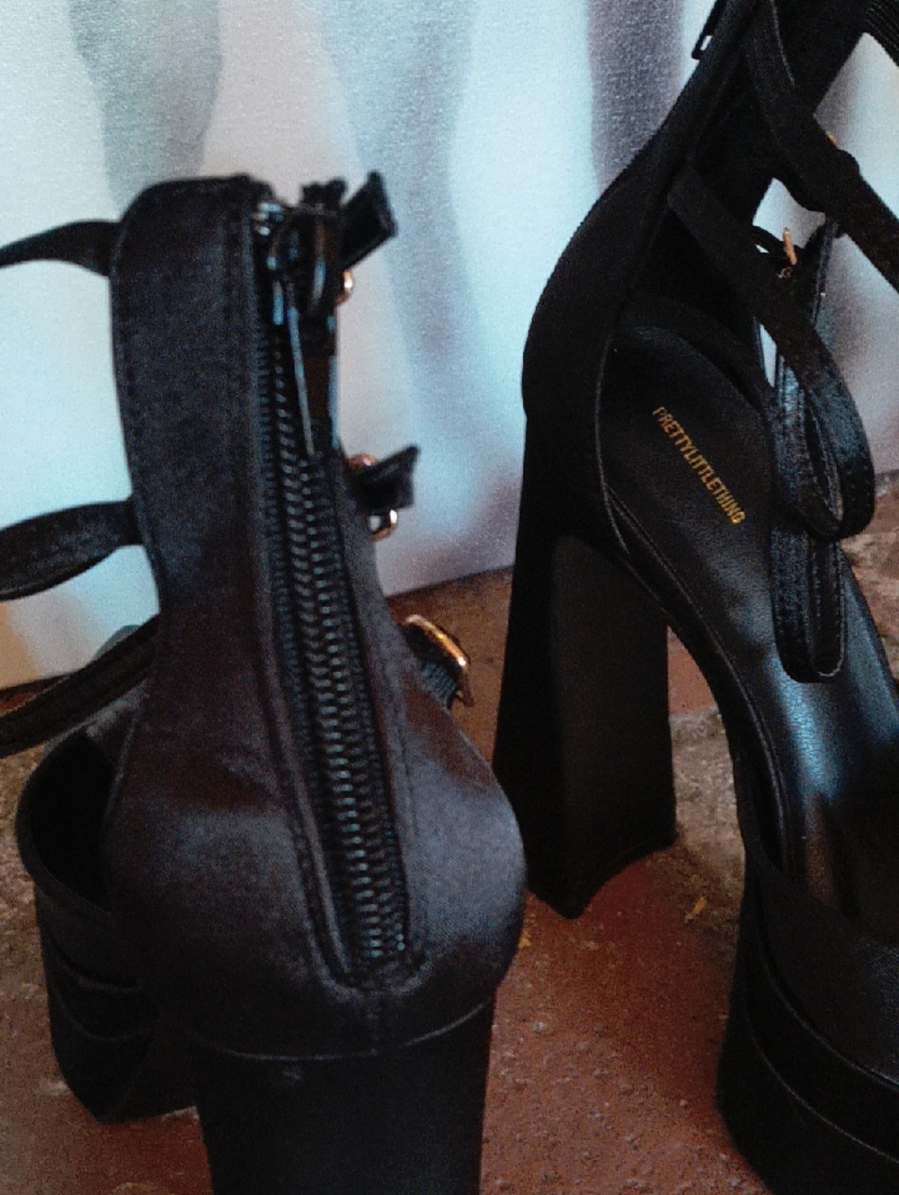 Triple-Strap Black Satin Platform Block Heels - Picture 7 of 11